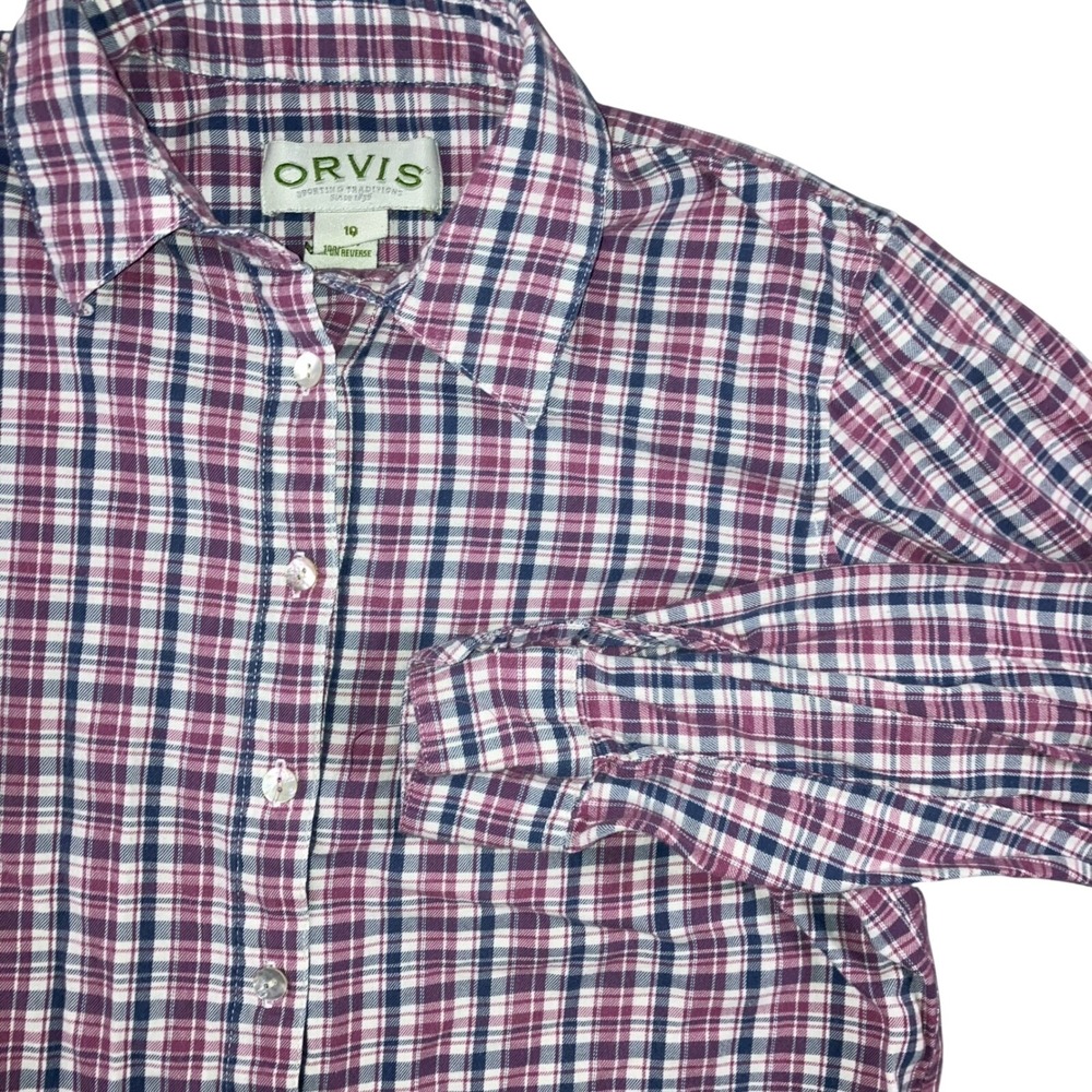 Orvis Shirt Women 10 Button Up Pink Navy Tartan Plaid Cotton L/S Classic Western